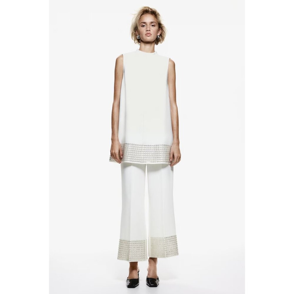 NWT H&M Edition White Bead-Embellished Pants Sz 2 Wide Leg Dressy Trousers